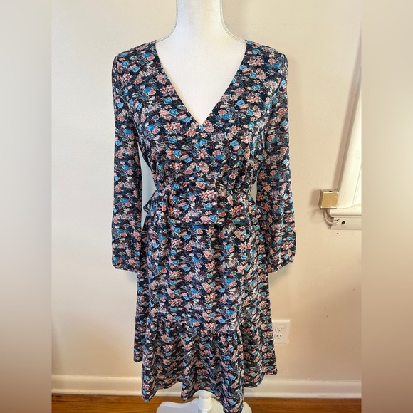 J. Crew Peplum Ruffle Paisley Floral Navy Tiered Long Sleeve Mini Dress - Picture 1 of 6